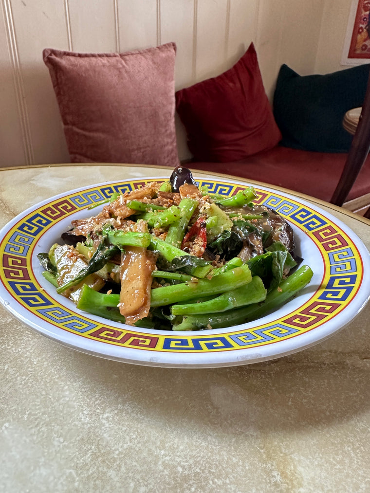 Eggplant, Water Spinach & Bamboo Stirfry, Fish Sauce Dressing